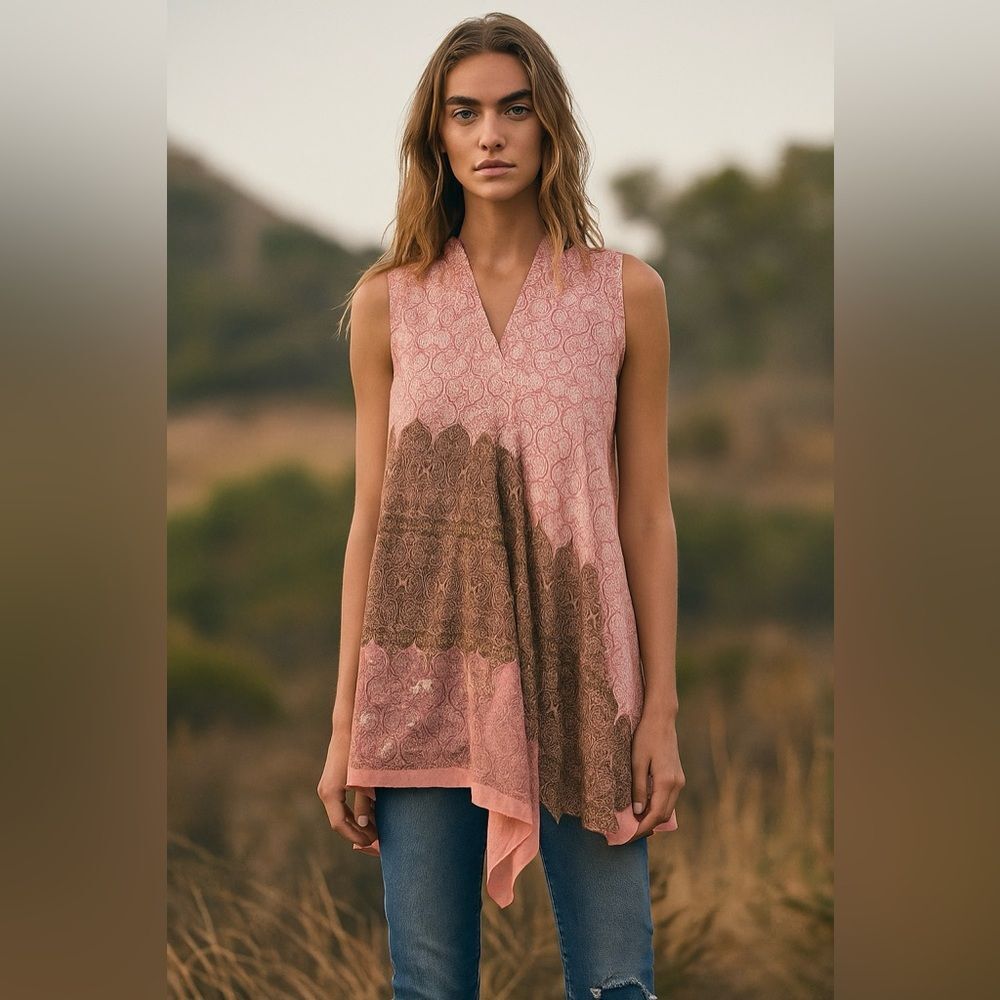 Nida Azwer the White Label Pink & Brown Metallic Print Sleeveless Tunic S NWOT